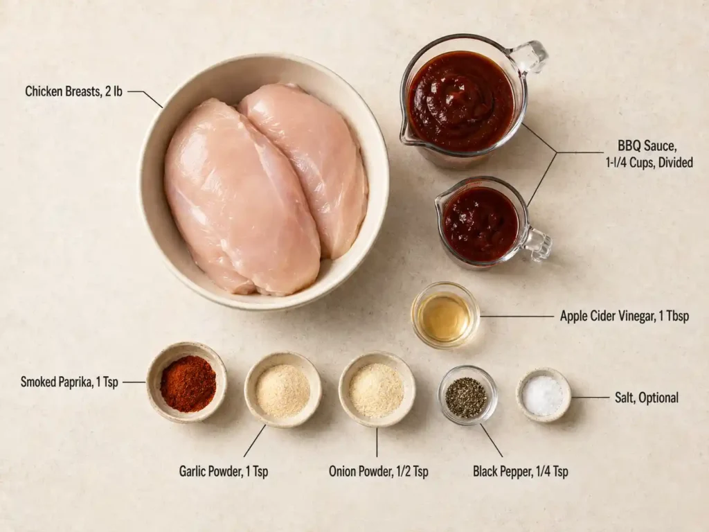 Labeled ingredients for BBQ chicken Crockpot with chicken breasts, BBQ sauce, vinegar, and seasonings