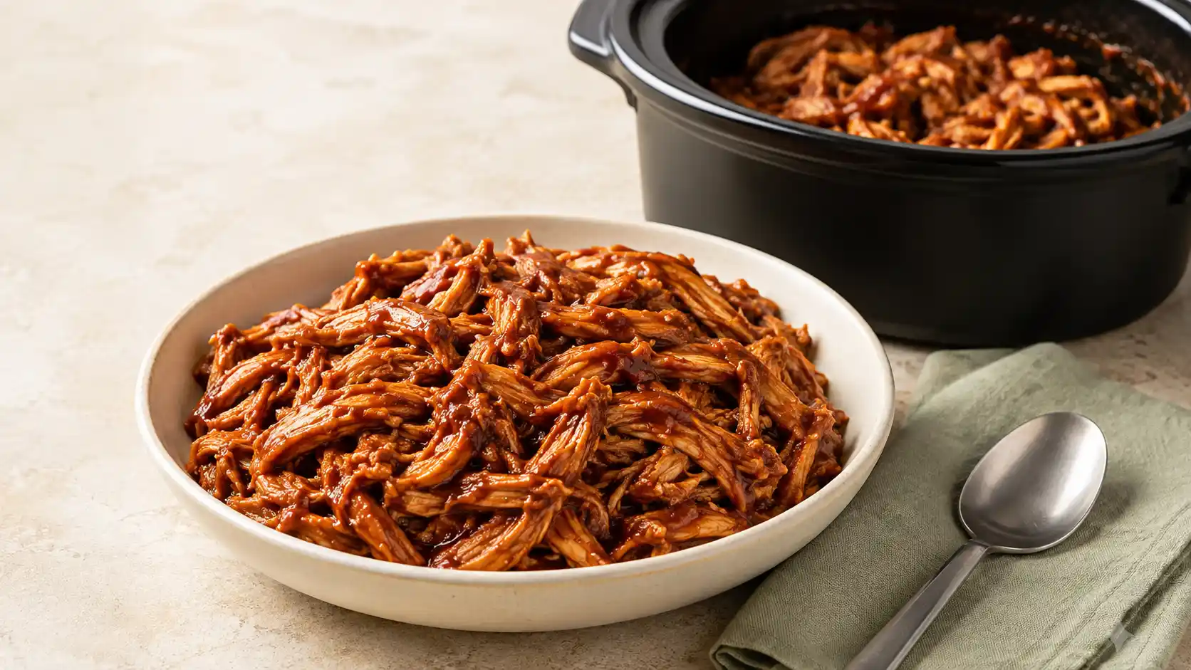 BBQ chicken crockpot recipe with shredded chicken coated in barbecue sauce