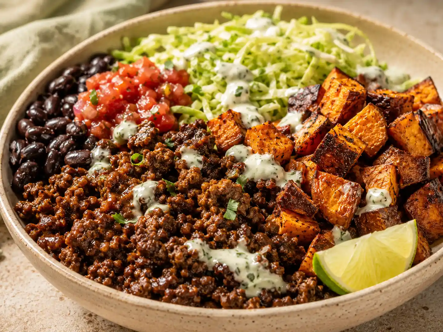 Close-up of saucy ground beef with roasted sweet potatoes, black beans, cabbage, salsa, and yogurt sauce