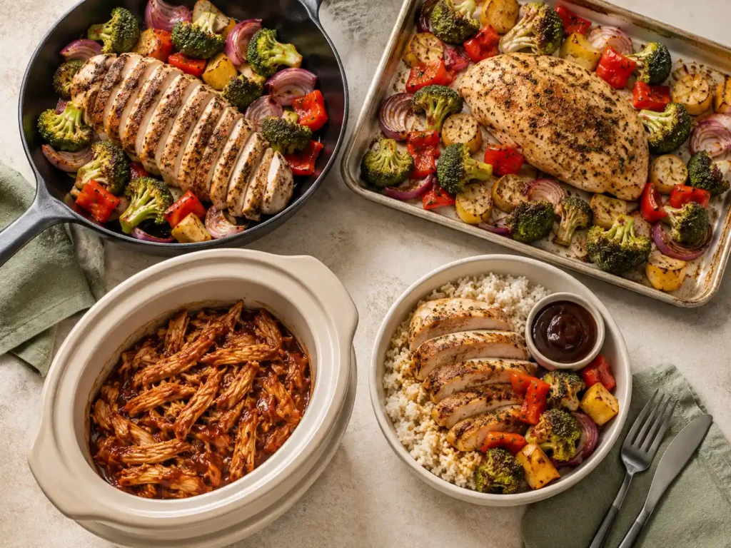 Skillet, oven, slow-cooker, and meal-prep methods for chicken breast dinners