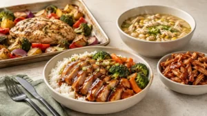 Teriyaki bowl, baked chicken, white chicken chili, and BBQ shredded chicken breast dinner ideas
