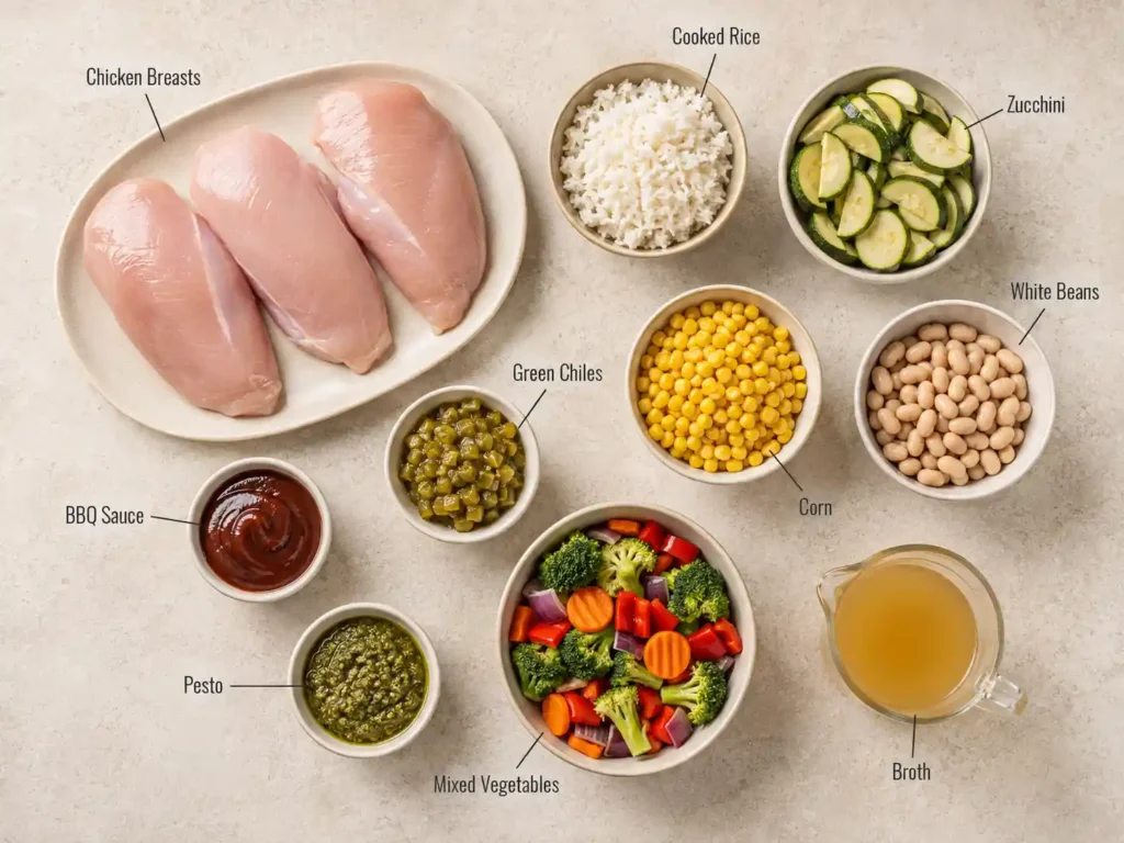 Labeled chicken breasts, rice, zucchini, white beans, corn, green chiles, BBQ sauce, pesto, vegetables, and broth