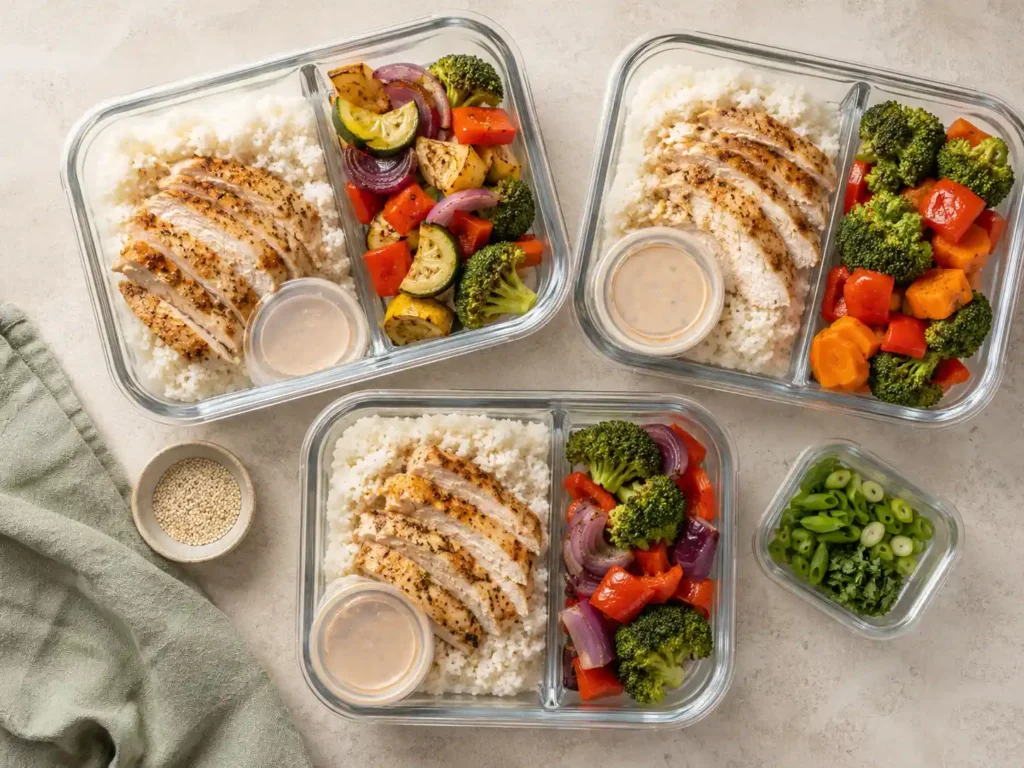 Chicken breast meal-prep containers with rice, vegetables, and separate sauce cups