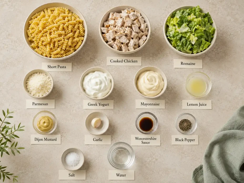 Labeled ingredients for Chicken Caesar pasta salad including pasta, chicken, romaine, Parmesan, and Greek yogurt