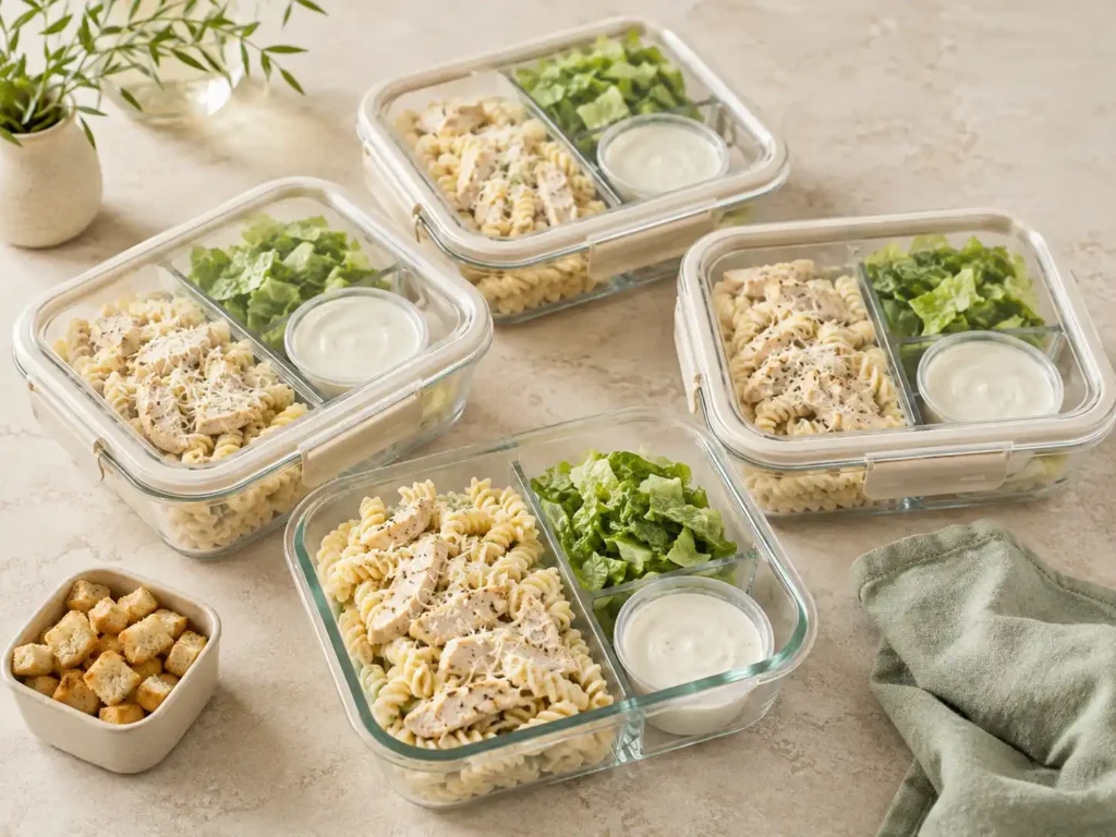 Chicken Caesar pasta salad packed in four meal-prep containers with romaine and dressing stored separately