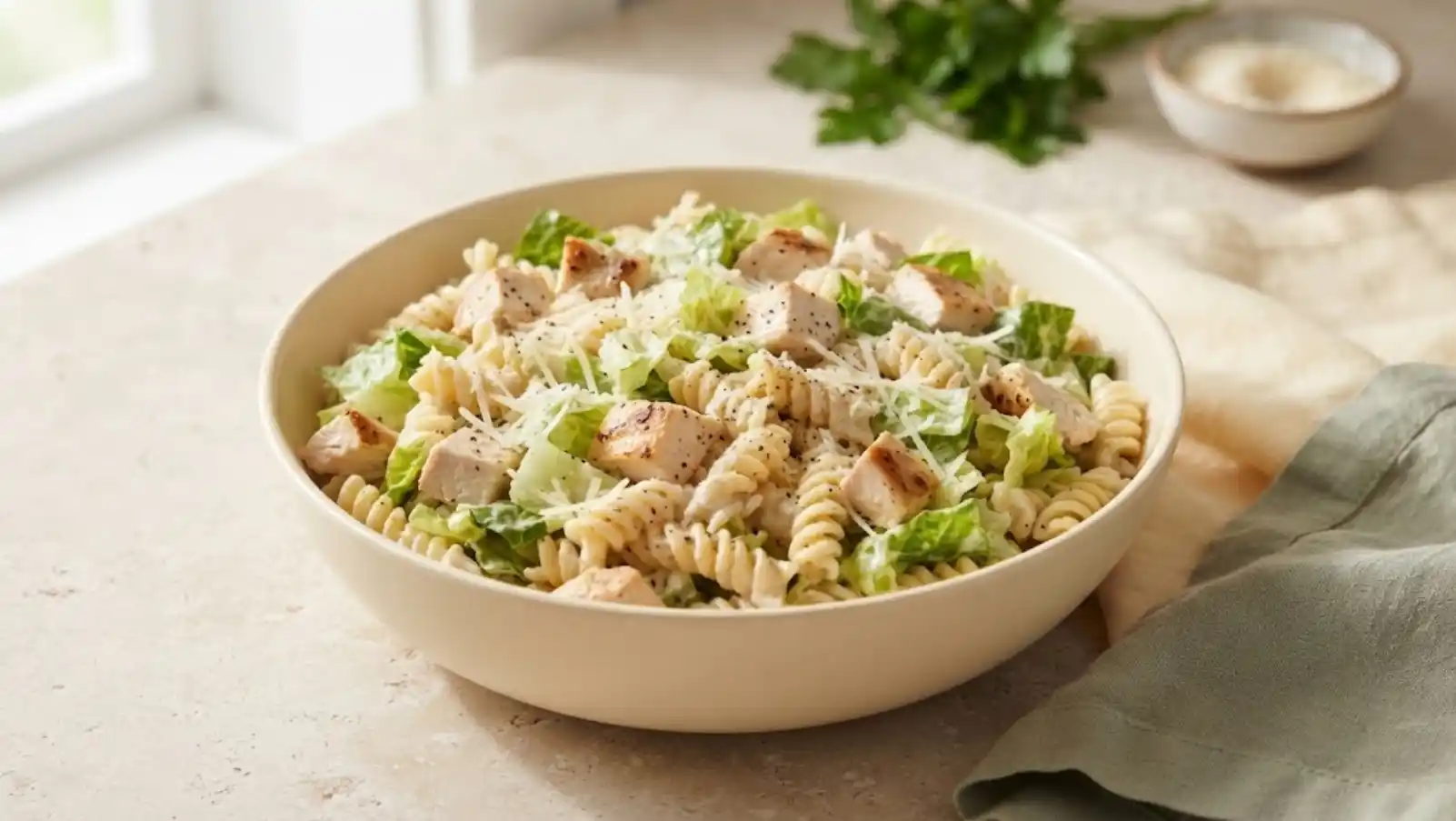 Chicken Caesar pasta salad with cooked chicken, romaine, Parmesan, and creamy Greek yogurt dressing