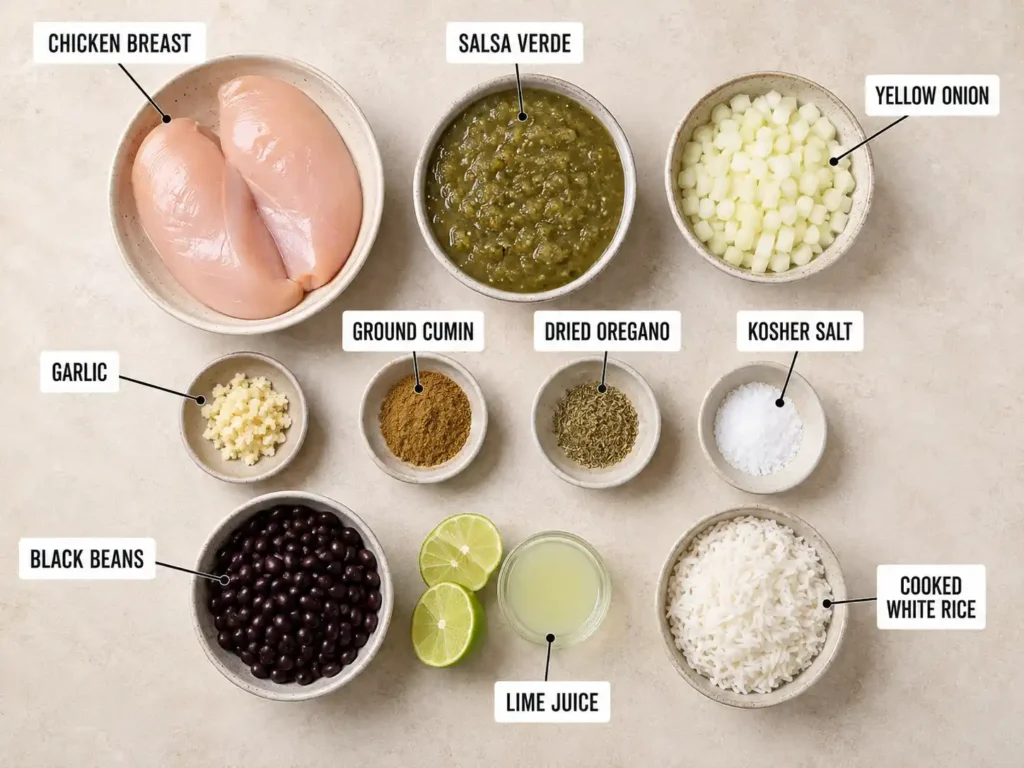 Labeled chicken tomatillo bowl ingredients including chicken, salsa verde, black beans, rice, onion, garlic, lime, and seasonings