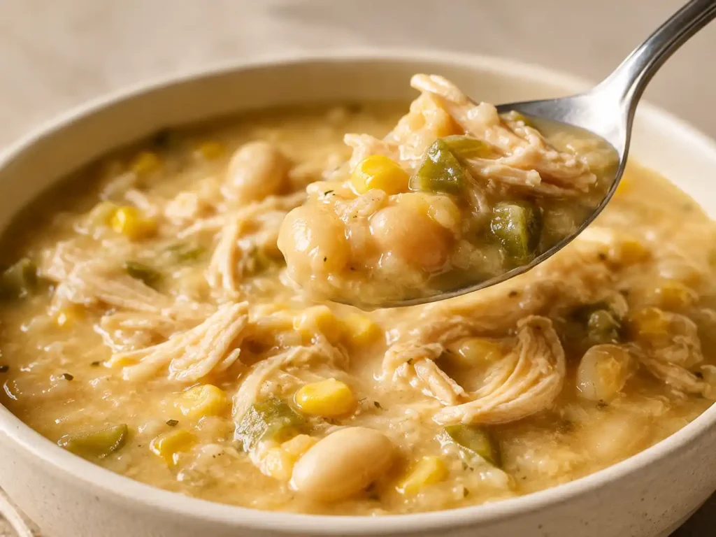 Close-up of thick chicken white bean chili with corn and green chiles