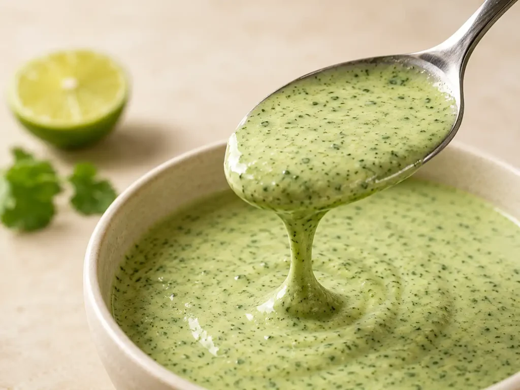 Close-up of creamy cilantro lime sauce with fine cilantro flecks falling slowly from a spoon.