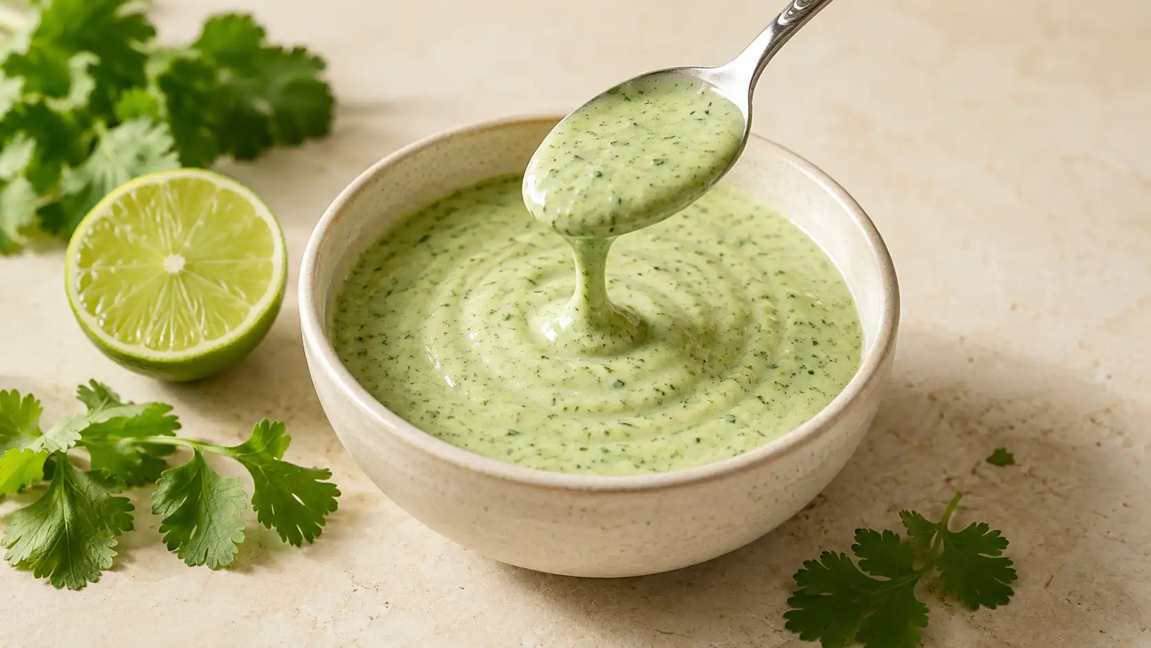 Creamy cilantro lime sauce with Greek yogurt in a small bowl with fresh lime and cilantro.