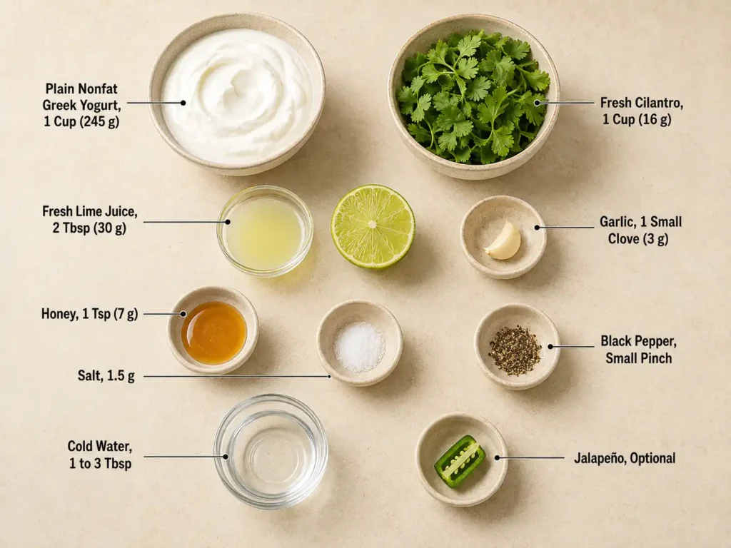 Labeled ingredients for cilantro lime sauce, including Greek yogurt, cilantro, lime juice, garlic, honey, salt, pepper, water, and optional jalapeño.
