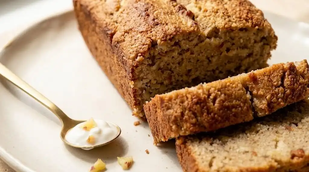 Sliced cottage cheese banana bread with a moist golden crumb on a cream ceramic plate