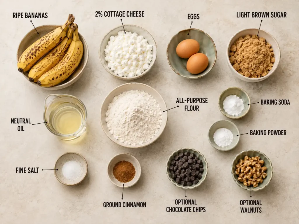 Labeled ingredients for cottage cheese banana bread including bananas, cottage cheese, eggs, flour, brown sugar, oil, cinnamon, salt, baking powder, and baking soda