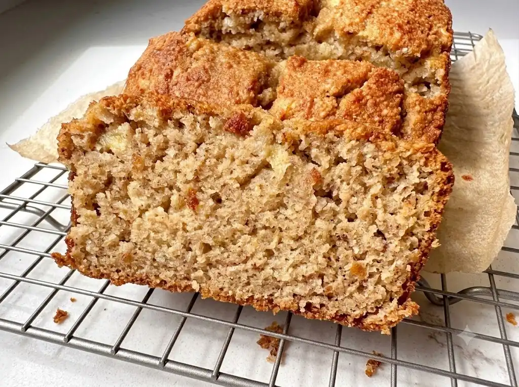 Extreme close-up of moist cottage cheese banana bread showing a tender fully baked crumb