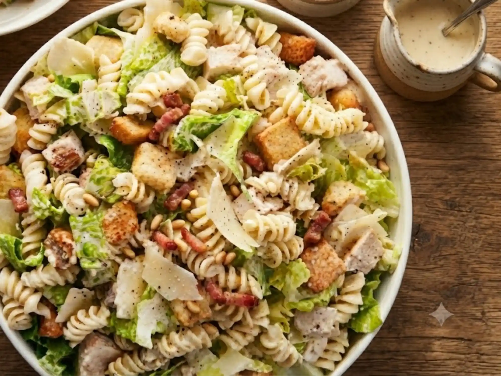 Close-up of creamy Chicken Caesar pasta salad with chicken, Parmesan, romaine, and black pepper