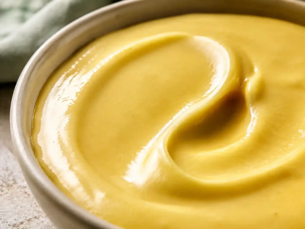 Extreme close-up of thick creamy Greek yogurt honey mustard sauce holding a smooth spoon trail