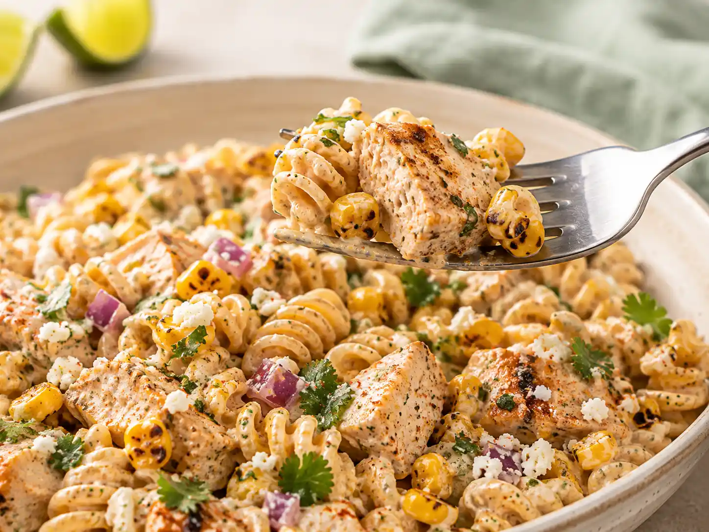 Close-up of creamy Street Corn Pasta Salad with chicken, charred corn, and cotija