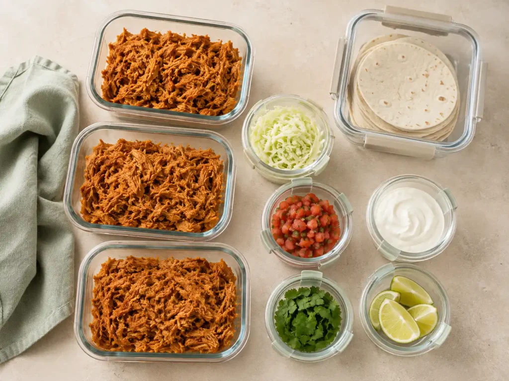 Crockpot taco chicken stored separately from tortillas and fresh toppings