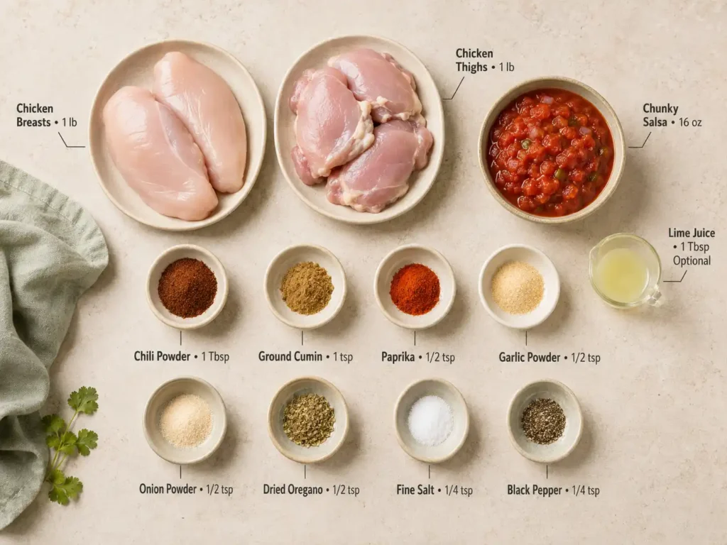 Labeled ingredients for Crockpot chicken tacos including chicken, salsa, spices, and optional lime juice
