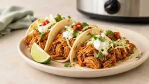 Crockpot chicken tacos filled with saucy shredded chicken and fresh toppings