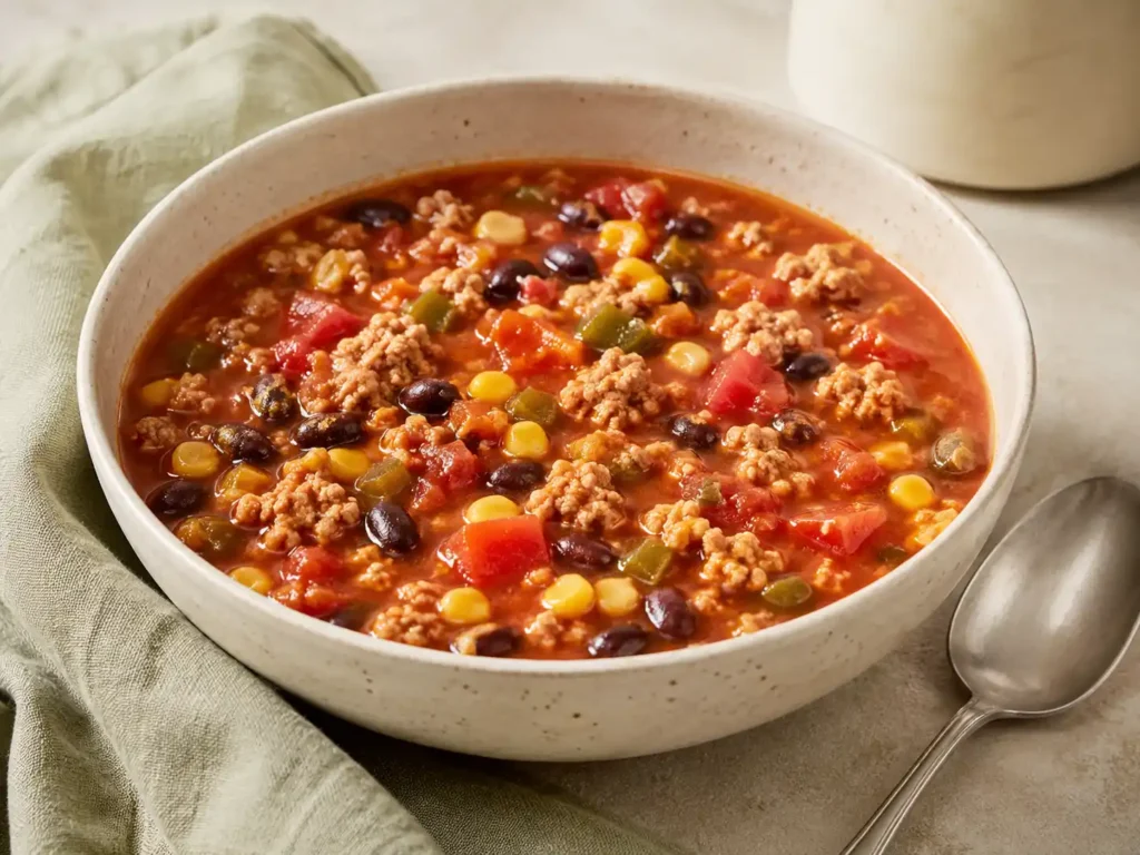 Crockpot turkey taco soup with black beans, corn, tomatoes, and bell pepper