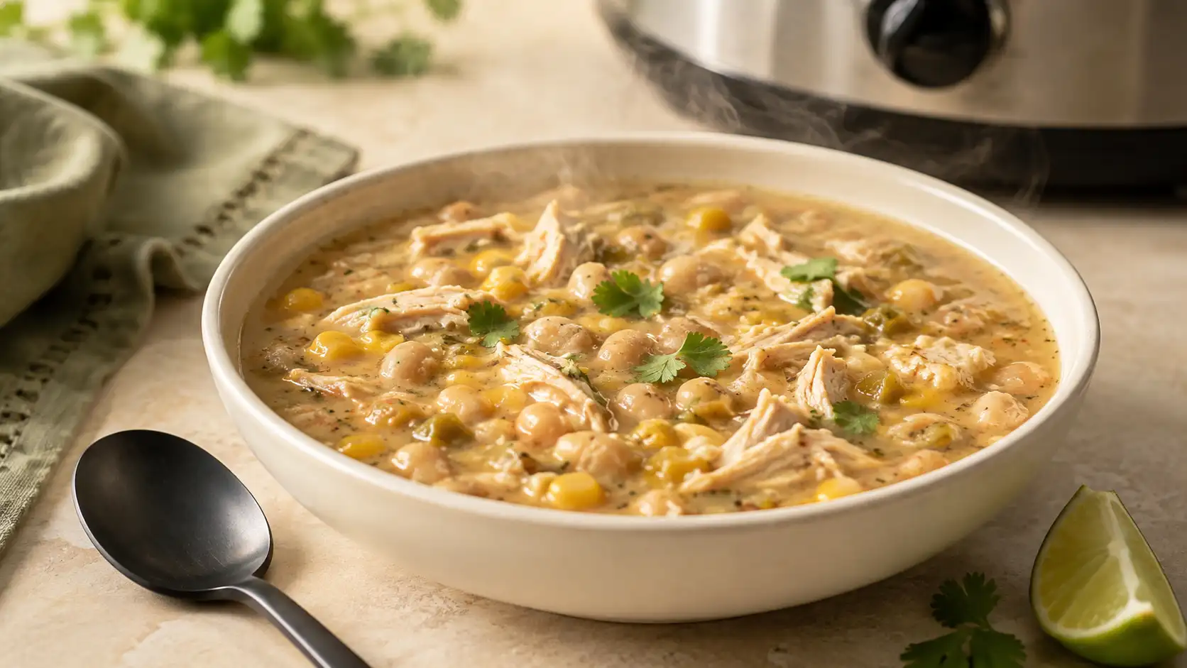 Crockpot white chicken chili with shredded chicken, white beans, corn, and green chiles
