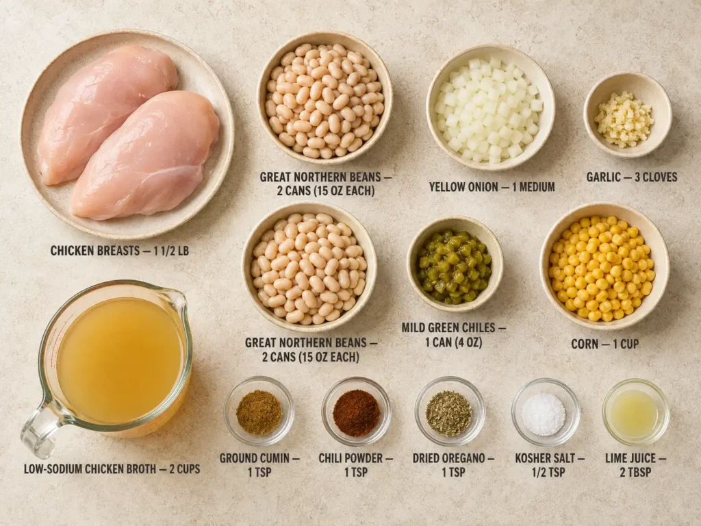Labeled ingredients for Crockpot white chicken chili arranged on a stone surface