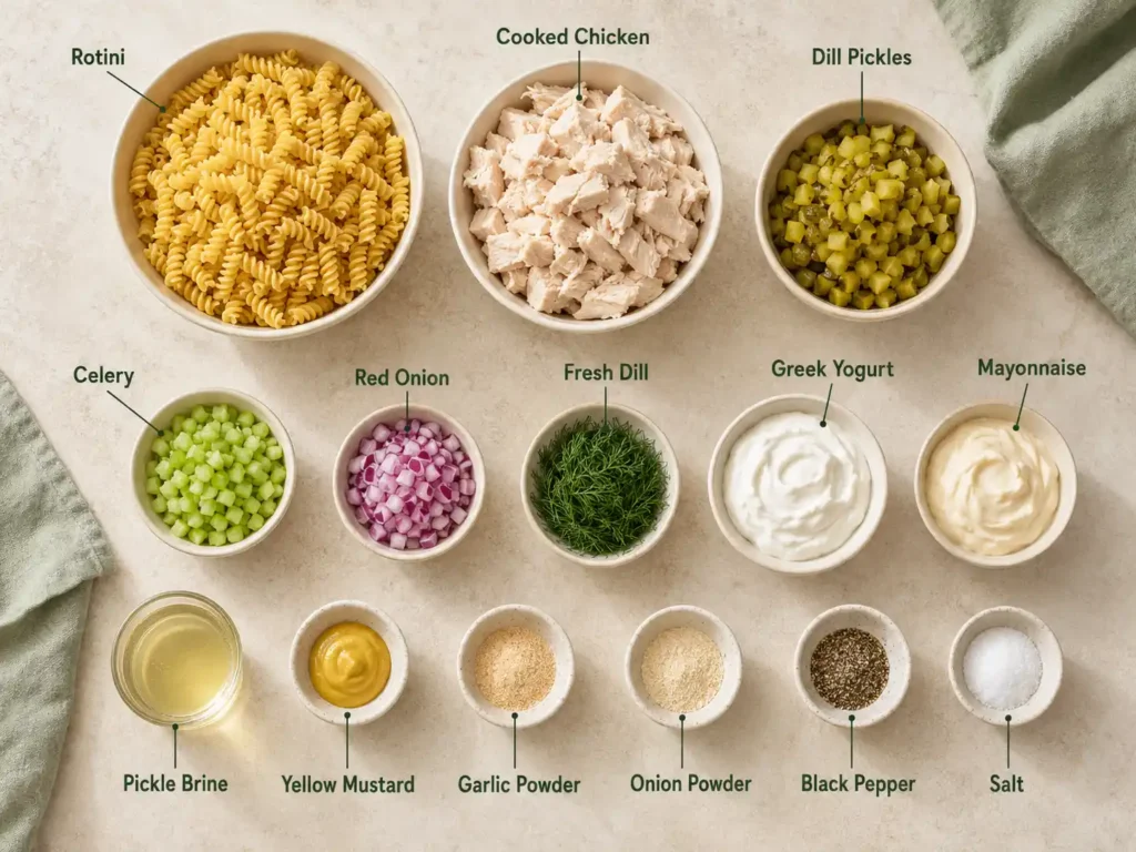 Labeled ingredients for dill pickle pasta salad with chicken arranged in bowls on a pale stone surface
