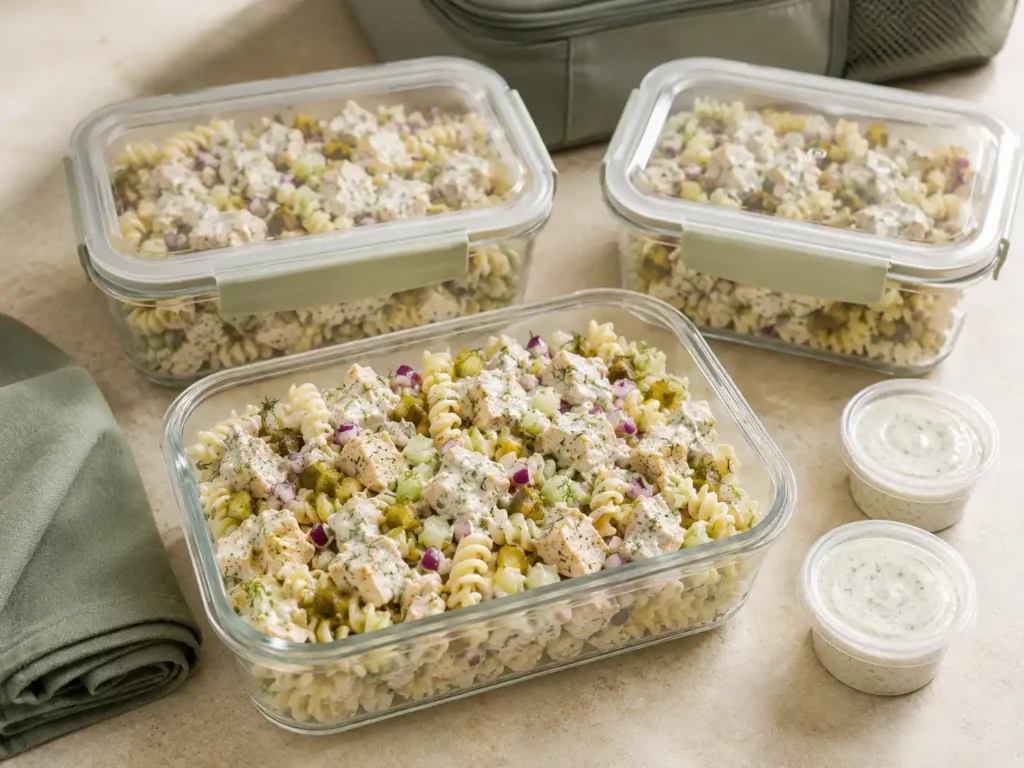 Dill pickle pasta salad with chicken packed in meal-prep containers with reserved dressing