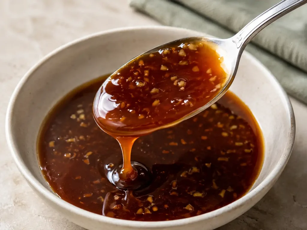 Close-up of glossy teriyaki sauce coating the back of a stainless steel spoon.