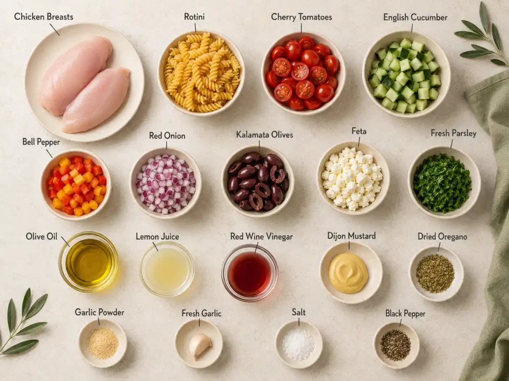 Labeled ingredients for Greek pasta salad with chicken and lemon dressing.
