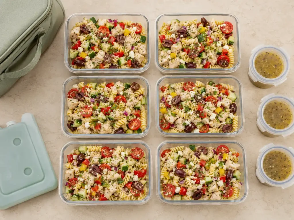 Greek chicken pasta salad divided into meal prep containers with dressing cups.