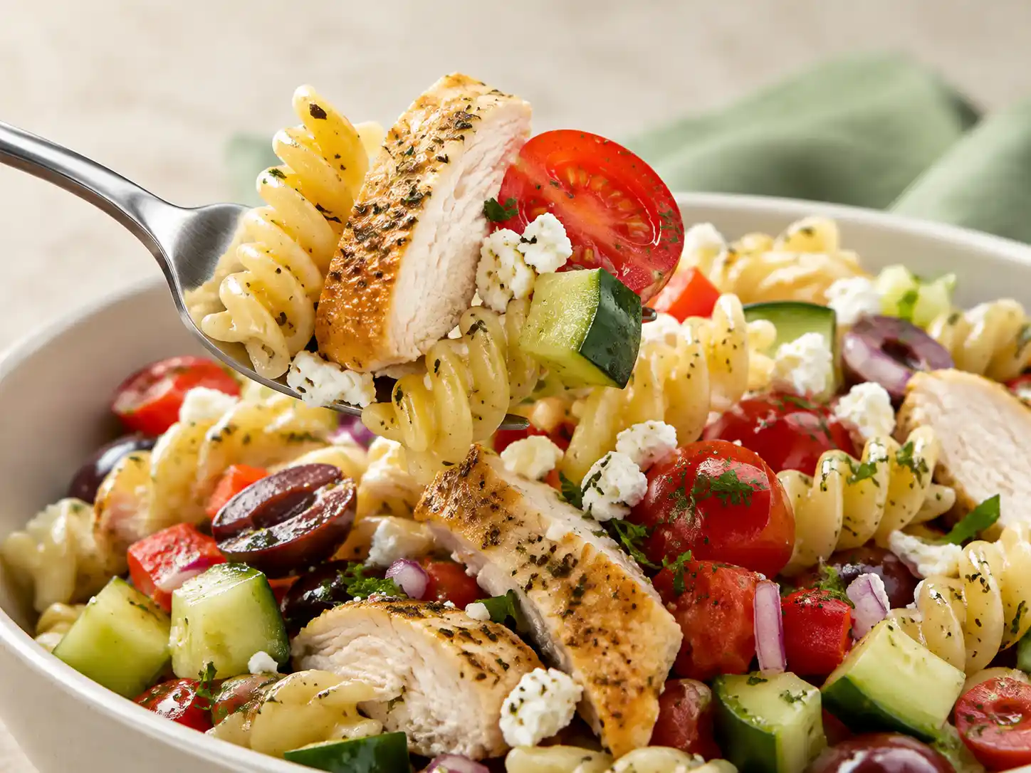 Close-up of rotini, sliced chicken, crumbled feta, cucumber, tomatoes, and olives.