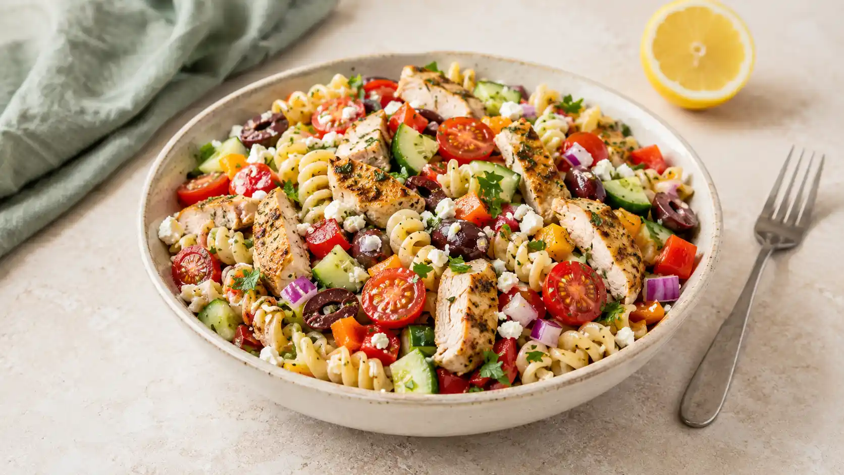 Greek pasta salad with chicken, feta, cucumber, tomatoes, bell pepper, and olives.