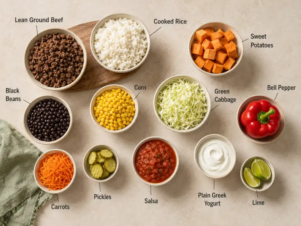 Labeled ingredients for ground beef bowls, including rice, sweet potatoes, beans, vegetables, salsa, and yogurt