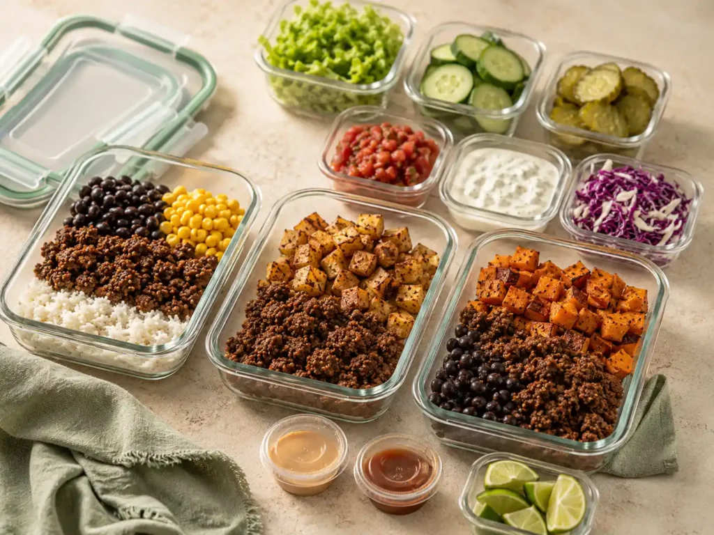 Ground beef meal prep bases in shallow containers with fresh toppings and sauces stored separately