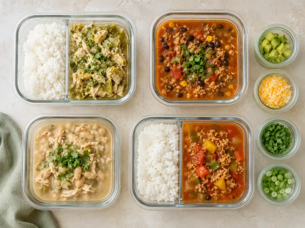 High-protein Crockpot meals portioned into shallow meal-prep containers with rice stored separately