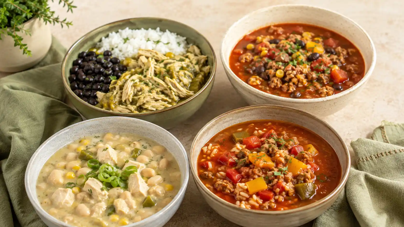 Four high-protein Crockpot meals with chicken, turkey, beans, rice, and vegetables