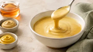 Labeled ingredients for Greek yogurt honey mustard sauce including yogurt, honey, two mustards, vinegar, garlic powder, salt, and pepper