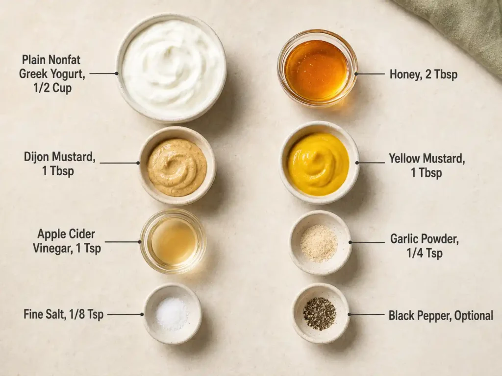 Labeled ingredients for Greek yogurt honey mustard sauce including yogurt, honey, two mustards, vinegar, garlic powder, salt, and pepper