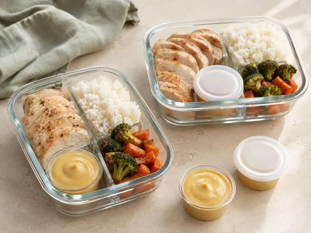 Greek yogurt honey mustard sauce packed separately in covered cups beside chicken rice meal-prep containers