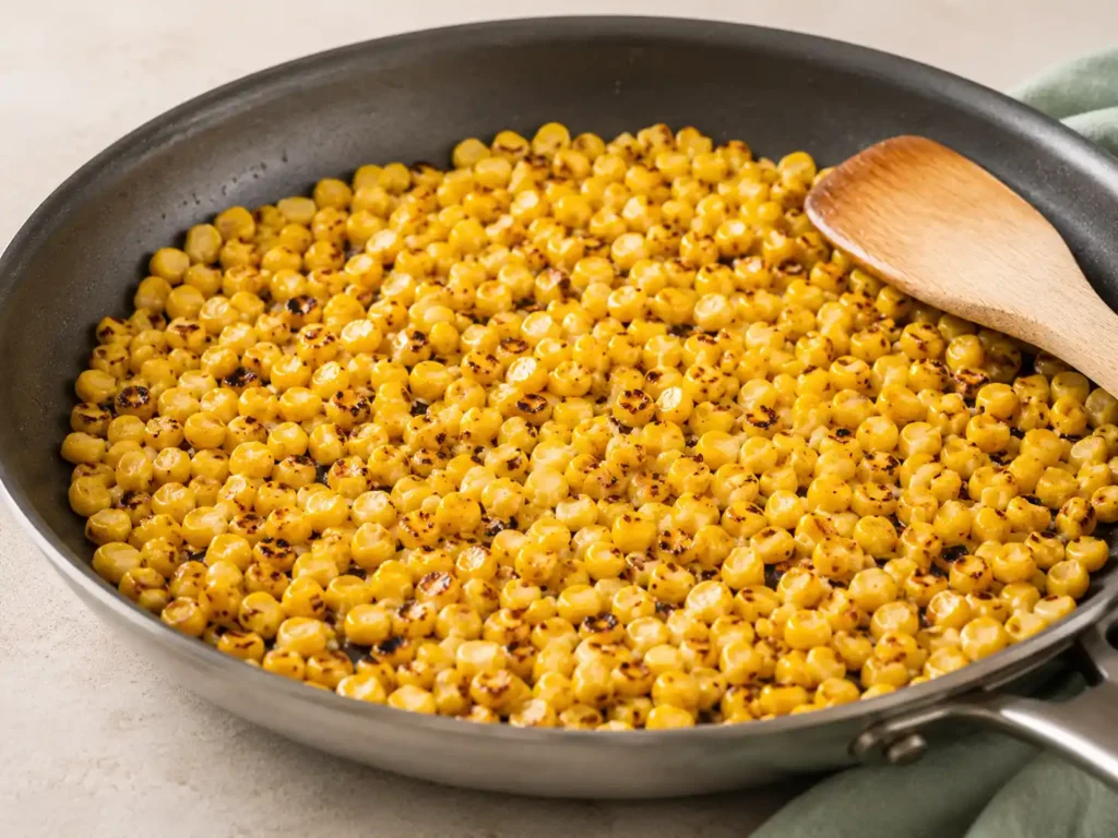 Corn lightly charring in a skillet for Street Corn Pasta Salad