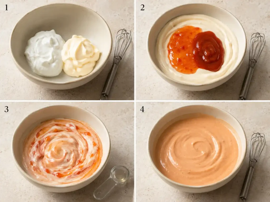 Four steps for mixing Greek yogurt bang bang sauce until smooth