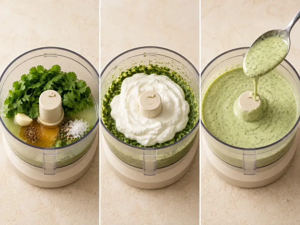 Three-step process showing chopped cilantro mixture, Greek yogurt added, and blended cilantro lime sauce.