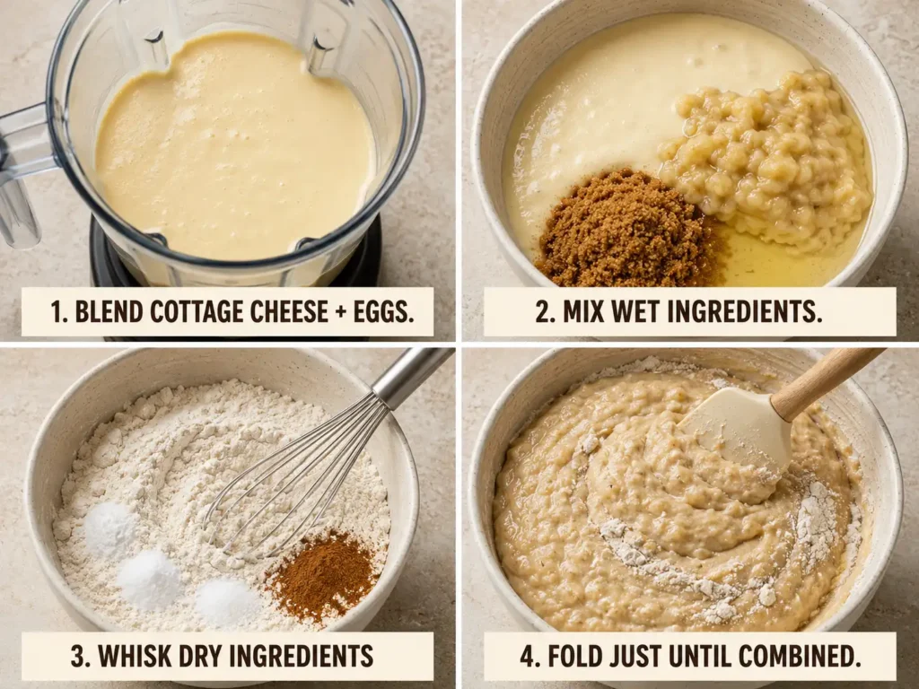 Four preparation steps showing blended cottage cheese, wet ingredients, dry ingredients, and gently folded banana bread batter