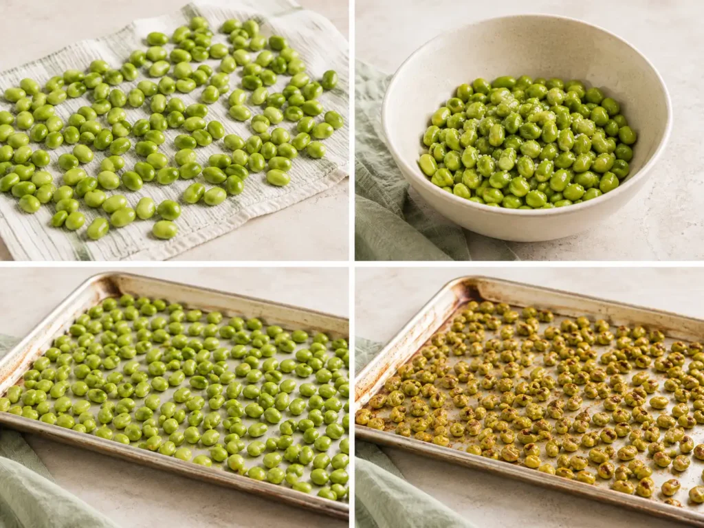 Four steps showing how to dry, season, arrange and roast shelled edamame