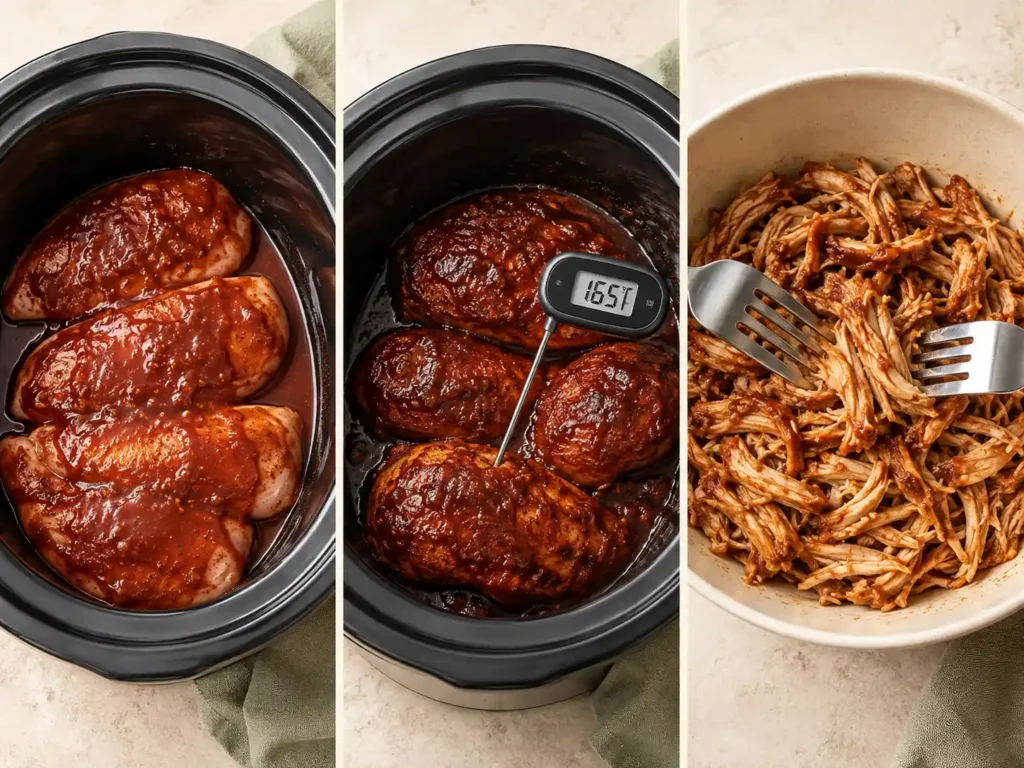 Chicken coated in BBQ sauce, checked to 165°F, and shredded in a slow cooker