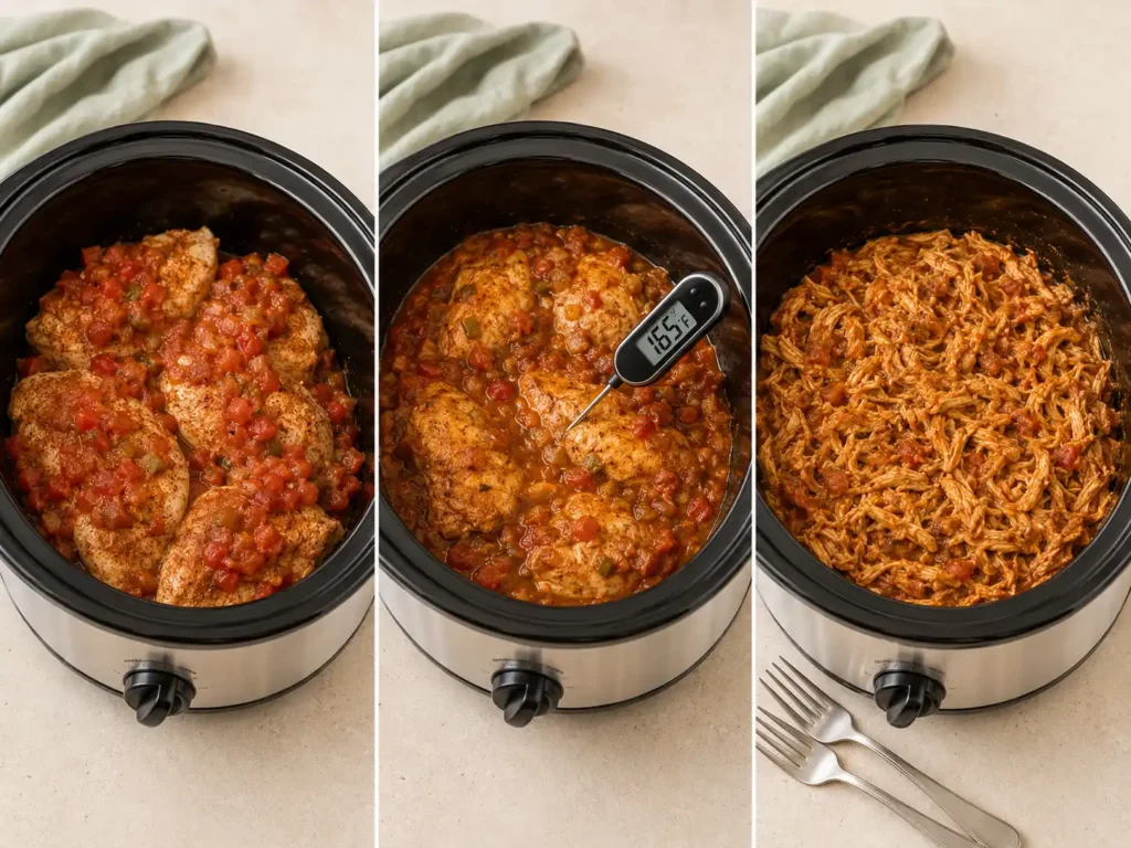 Three-step Crockpot chicken taco process from seasoned chicken to shredded filling