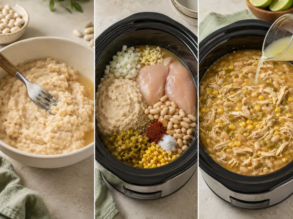 Mashed white beans, loaded slow cooker, and finished shredded chicken chili