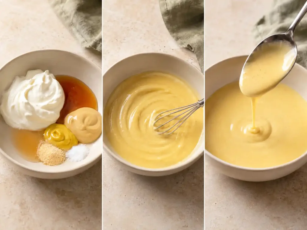 Three stages of making honey mustard sauce from measured ingredients to a smooth dip and pourable dressing